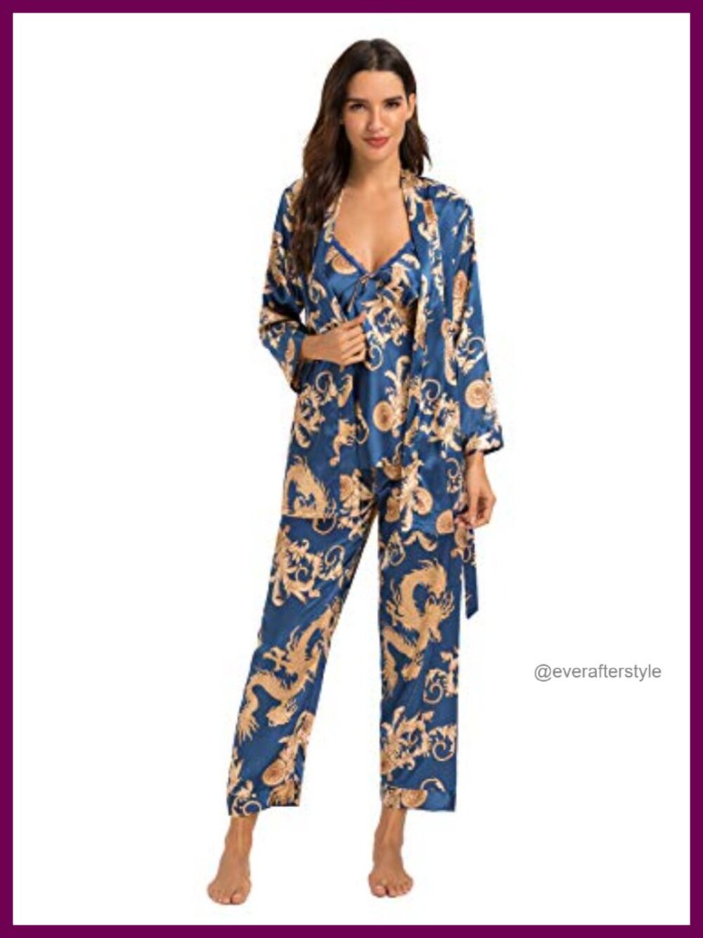 Silk Satin 3 Piece Pajama Set Cami Robe Pants Sleepwear
